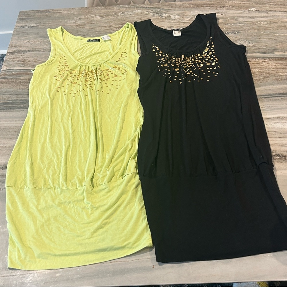2 NWOT Venus sexy slimming gathered dresses black & neon green sz 36/38 US 8-10